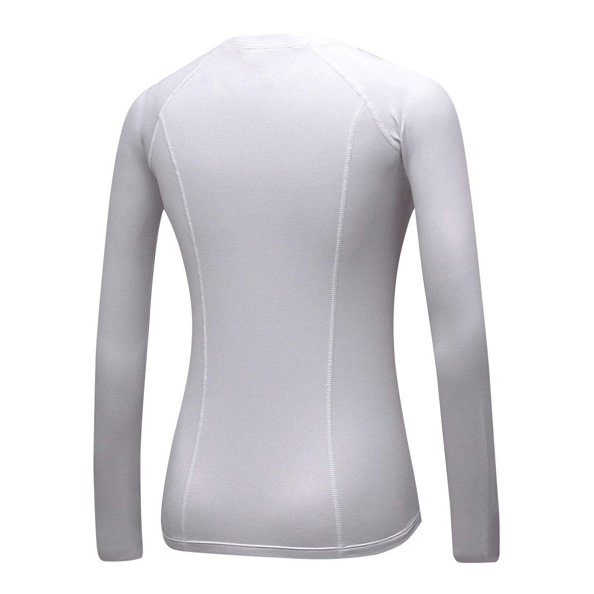 Back view of white long-sleeve thumb hole running top for women, made from sweat-wicking polyester and spandex for workouts.